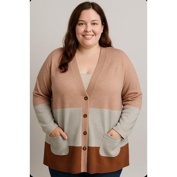 J Jill Cardigan Sweater Womens Plus 3X Button Color Block Neutral Lagenlook Boho - Picture 1 of 9